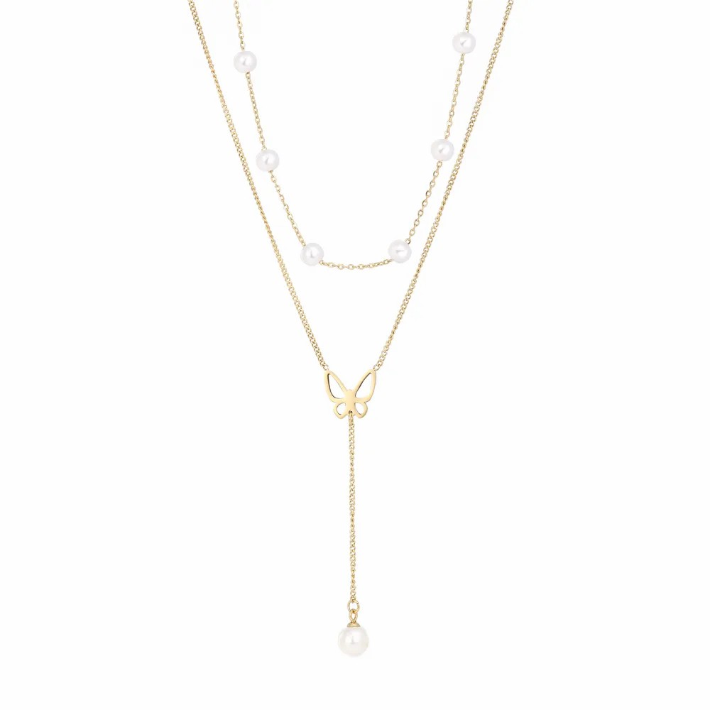 Elegant Butterfly Titanium Steel Plating Inlay Artificial Pearls Shell 18K Gold Plated Layered Necklaces_colorza_5