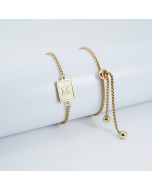 Bracelet With Alphabet Letters A-Z Mother of Pearl Shell Inlaid Square Charm Minimalist Style Gold Plated Stainless Steel Box Chain For Women Holiday Gift