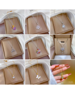 Elegant Flower Burtterfly Pendent Zircon Inlaid Titanium Steel Necklace Colorza