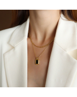 Pendant With Black Shell Inlaid and Double Layer Clavicle Chain Stainless Steel Necklace-CA7810030