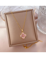 Pink Zircon Four Leaf Clover Flower With Stainless Steel Necklace CA7810164