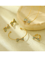 Wholesale Stainless Steel Fine Jewelry French Style Minimalism Color Diamond Inlaid Bow Knot Necklace Bracelet Earrings Rings Sets