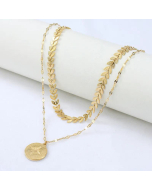 Retro Double Layered Round Tag Stainless Steel Pendant Leaf Chain Necklace Wholesale