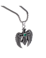 Stainless Steel Necklace Wings Cross Pendant Green Zircon Inlaid CA7810032