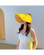 Visor Hat-Sun Protection-Summer-Beach-Vacation-Reversible-Two Sides-Casual Style-Outer Bright Yellow Inner Checkerboard-HC680709-4