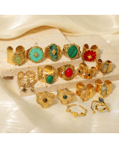 Wholesale Opening Ring Exaggerate INS Style Retro 18K Gold Plated Zircon Inlaid Stainless Steel Ring