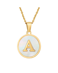 Necklace With Alphabet Letters A-Z Mother of Pearl Sea Shell Inlaid Round Pendant Minimalist Style Gold Plated Stainless Steel Box Chain Women Holiday Gift