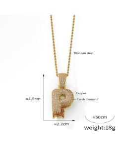 English Alphabet P Copper Pendant Full Of Diamond Twist Chain Necklace Wholesale Stainless Steel Necklace