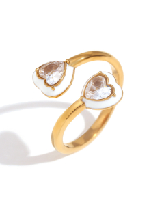 White Dripping Oil Love With Diamond Opening Stainless Steel Ring 