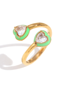 Green Dripping Oil Love With Diamond Opening Stainless Steel Ring 
