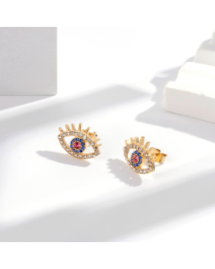 Wholesale Novelty Personalized Elegant Zircon Inlaid Eye Long Eyelashes Stainless Steel Earrings-Gold Color-Multi-color