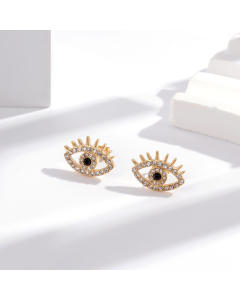 Wholesale Novelty Personalized Elegant Zircon Inlaid Eye Long Eyelashes Stainless Steel Earrings-Gold Color-Black