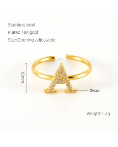 Light Luxury Diamond Inlaid Letter A Stainless Steel Opening Adjustable Ring