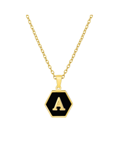 A Initial Letter Hexagon Shape Charms Inlaid Black Shell Necklace CA7810219