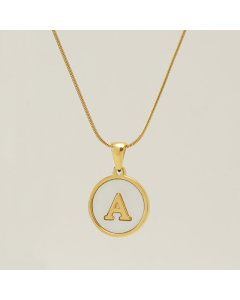 A Initial Letter Snake Chain Necklace With White Shell Round Charms CA7810223