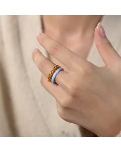 Wholesale Adjustable Ring Minimalism Gold-plated Chain Type Enamel Titanium Steel Double Opening Ring-Gold Color-Blue