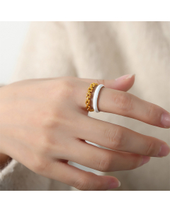 Wholesale Adjustable Ring Minimalism Gold-plated Chain Type Enamel Titanium Steel Double Opening Ring-Gold Color-White