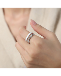 Wholesale Adjustable Ring Minimalism Gold-plated Chain Type Enamel Titanium Steel Double Opening Ring-Steel Color-White