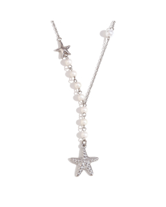 Steel Color Small Speckled Starfish Pearl Asymmetrical Stainless Steel Pendant Necklace 