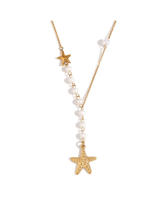 Gold Color Small Speckled Starfish Pearl Asymmetrical Stainless Steel Pendant Necklace 