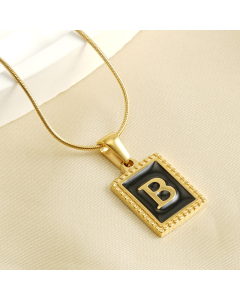 B Initial Name Stainless Steel Necklace With Square Black Shell Tag CA7810221