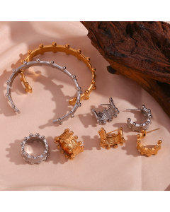 Hot Sale Fashion Plated 18K Gold Stainless Steel Bilateral Brushed Ball Bracelet Ring Earrings Set For Female