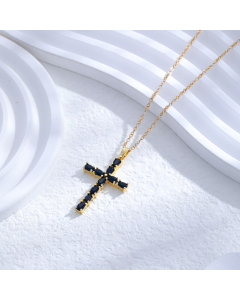 Fashion Gold-plated Black And White Zircon Cross Pendant Stainless Steel Necklace