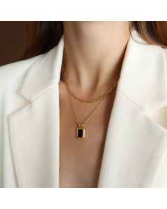 Pendant With Black Shell Inlaid and Double Layer Clavicle Chain Stainless Steel Necklace-CA7810030