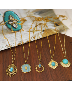 Vintage Palace Style Stainless Steel Clavicle Chain Necklace Blue Natural Stone Geometric Flower Pendant Necklace