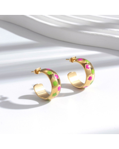 Wholesale Trendy Personalized Bohemia C-shaped Enameled Multicolor Pentagram Stainless Steel Earrings-Gold Color-01