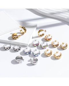 Wholesale Trendy Personalized Bohemia C-shaped Enameled Multicolor Pentagram Stainless Steel Earrings