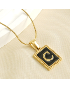 C Initial Name Stainless Steel Necklace With Square Black Shell Tag CA7810221