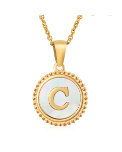 C Round Disc Initial Letter Necklace Inlaid White Shell CA7810202
