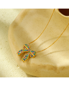 Light Luxury Color Diamond Inlaid Bow Knot Stainless Steel Necklace 