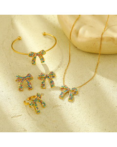 Wholesale Stainless Steel Fine Jewelry Sets Light Luxury Sweet Color Diamond Inlaid Bow Knot Necklace Bracelet Earrings Rings