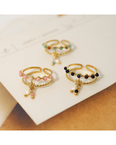 Wholesale Stainless Steel Ring French Light Luxury Holiday Style Color Natural Stone 18K Gold Plated Girl Feeling Tassel Pendant Ring