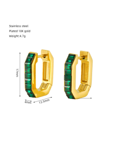 Green Zircon Inlaid Geometric Stainless Steel Earrings 18K Gold-Plated Earrings For Women