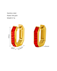 Red Zircon Inlaid Geometric Stainless Steel Earrings 18K Gold-Plated Earrings For Women
