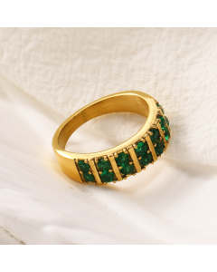 Light Luxury Green Zircon Inlaid 18K Plated Gold Stainless Steel Ring Fine Jewelry