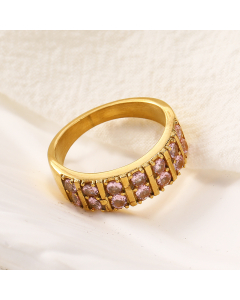 Light Luxury Pink Zircon Inlaid 18K Plated Gold Stainless Steel Ring Fine Jewelry