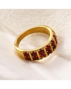 Light Luxury Red Zircon Inlaid 18K Plated Gold Stainless Steel Ring Fine Jewelry