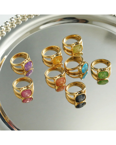 Wholesale INS Style Ring Light Luxury Sweet Colored Gemstone Ring 18K Gold-plated Geometric Stainless Steel Ring