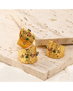 Wholesale Stainless Steel Ring Wide-face Colorful Gemstone Opening Ring
