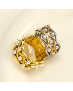 Wholesale Stainless Steel Ring French Style Temperament Corrugated Pearl Ring Gold-plated Not Fade Hand Jewelry