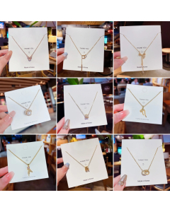 Shiny Zircon Inlaid Bow Knot Heart Pearl Titanium Steel Pendant Necklace Colorza