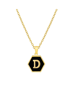 D Initial Letter Hexagon Shape Charms Inlaid Black Shell Necklace CA7810219