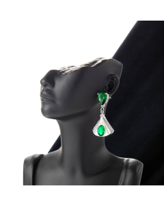 Wholesale Light Luxury French Temperament Delicate Fan-Shaped Pendant Stainless Steel Water Drop Zircons Earrings-Steel Color-Green