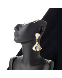 Wholesale Light Luxury French Temperament Delicate Fan-Shaped Pendant Stainless Steel Water Drop Zircons Earrings-Gold Color-Blue