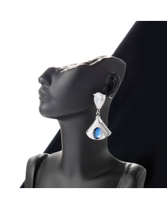 Wholesale Light Luxury French Temperament Delicate Fan-Shaped Pendant Stainless Steel Water Drop Zircons Earrings-Steel Color-Blue