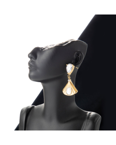 Wholesale Light Luxury French Temperament Delicate Fan-Shaped Pendant Stainless Steel Water Drop Zircons Earrings-Gold Color-White
